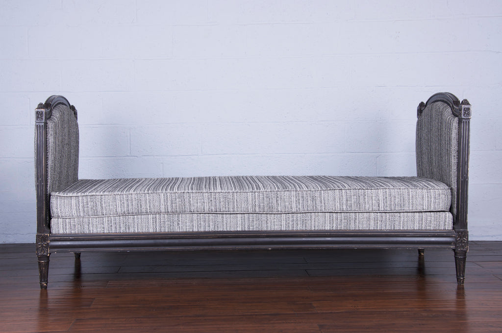 Antique French Louis XVI Style Painted in Black Daybed W/ Tweed Fabric