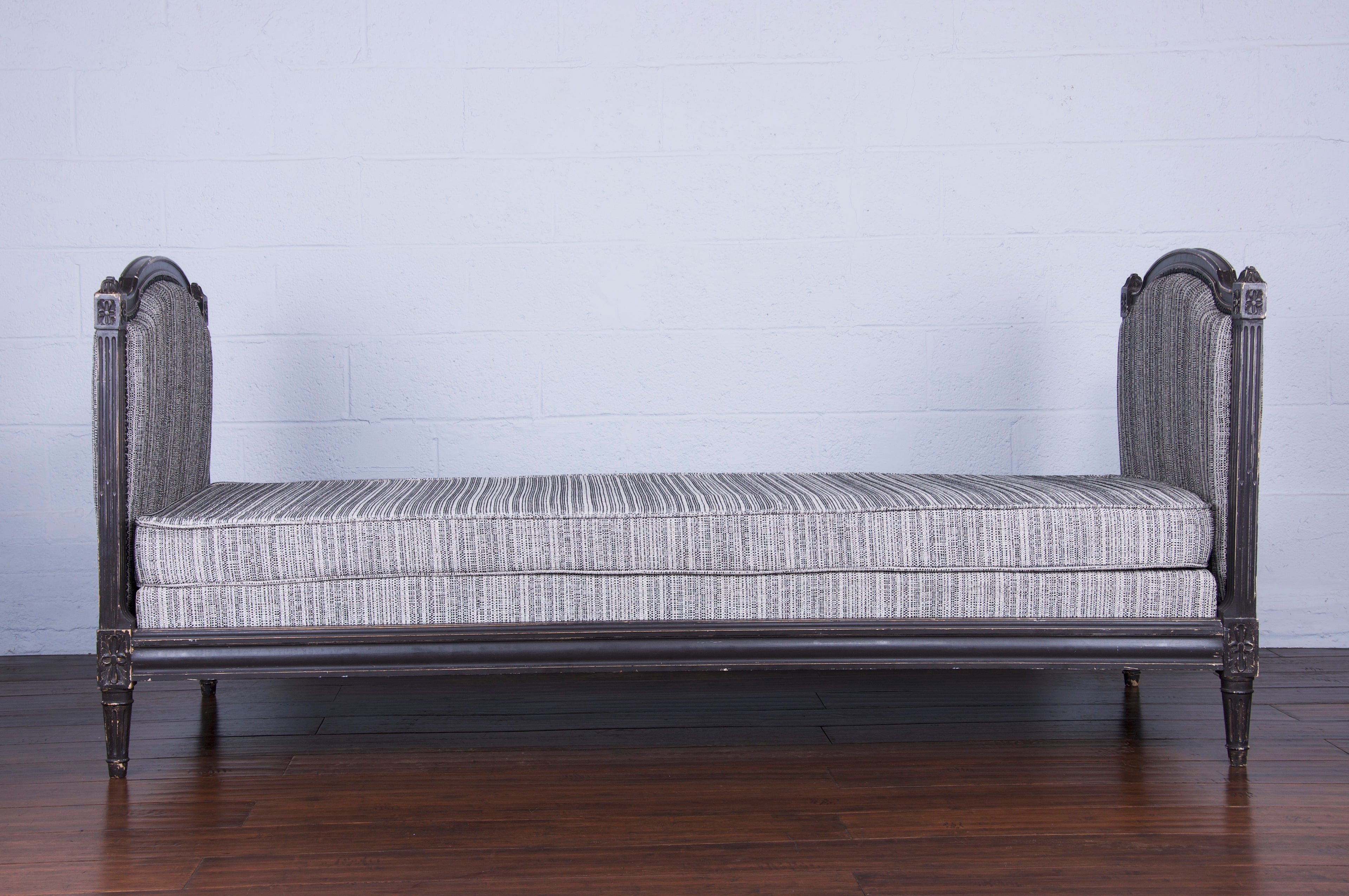Antique French Louis XVI Style Painted in Black Daybed W/ Tweed Fabric