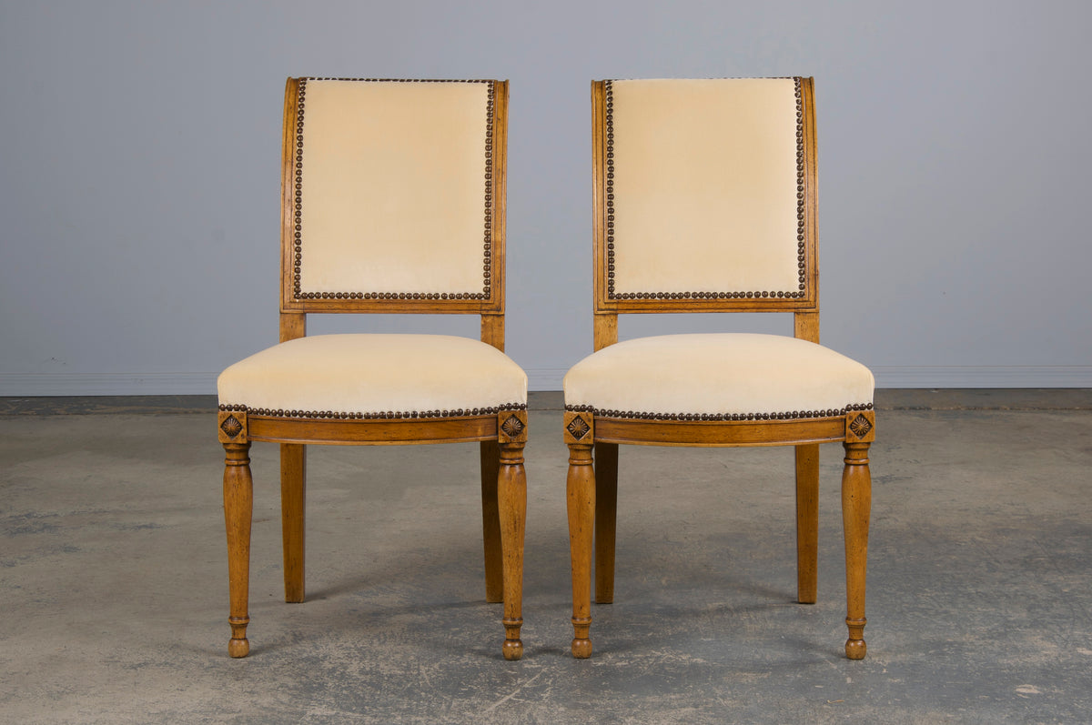 Antique French Directoire Style Walnut Dining Chairs W/ Butter Cream Velvet - Set of 8