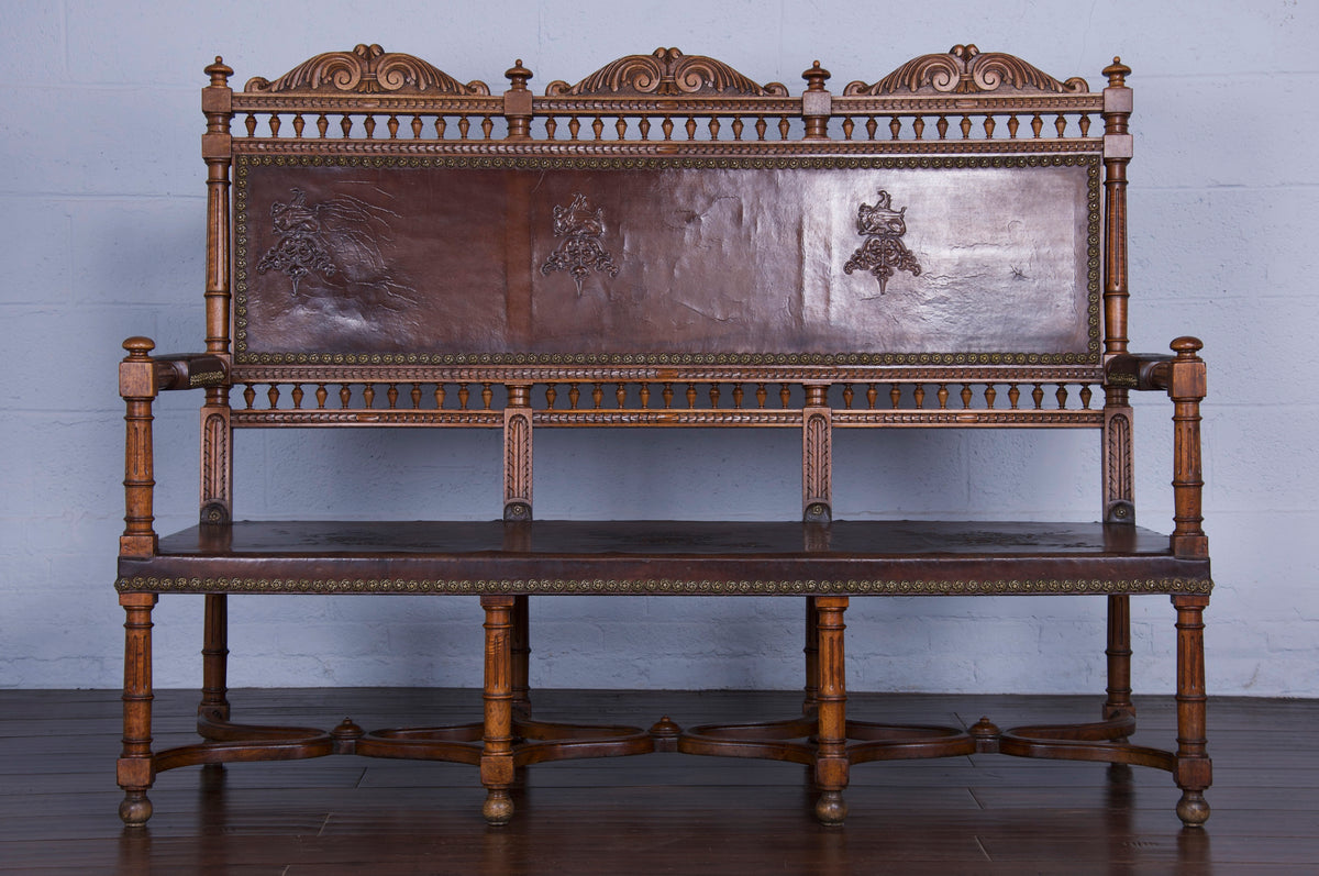 Early 19th Century French Renaissance Henry II Walnut Bench W/ Brown Leather