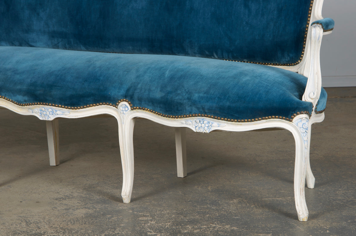 French Louis XV Style Painted Settee in Blue Velvet