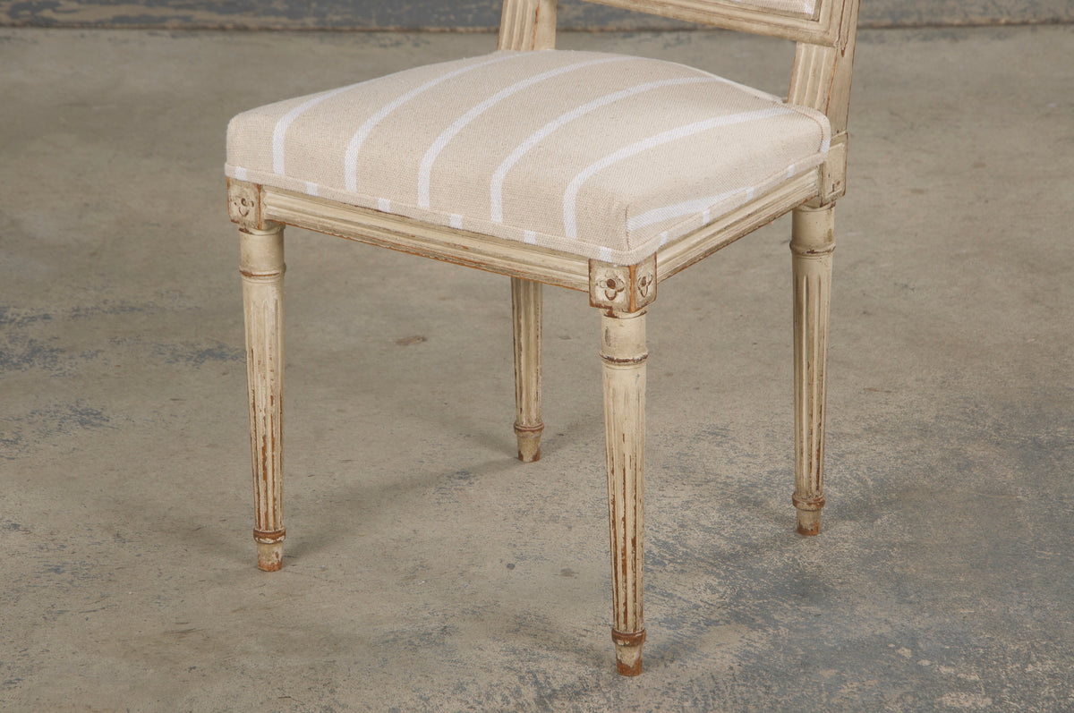 19th Century French Louis XVI Style Square Back Painted Dining Chairs W/ Off-White Stripe - Set of 4