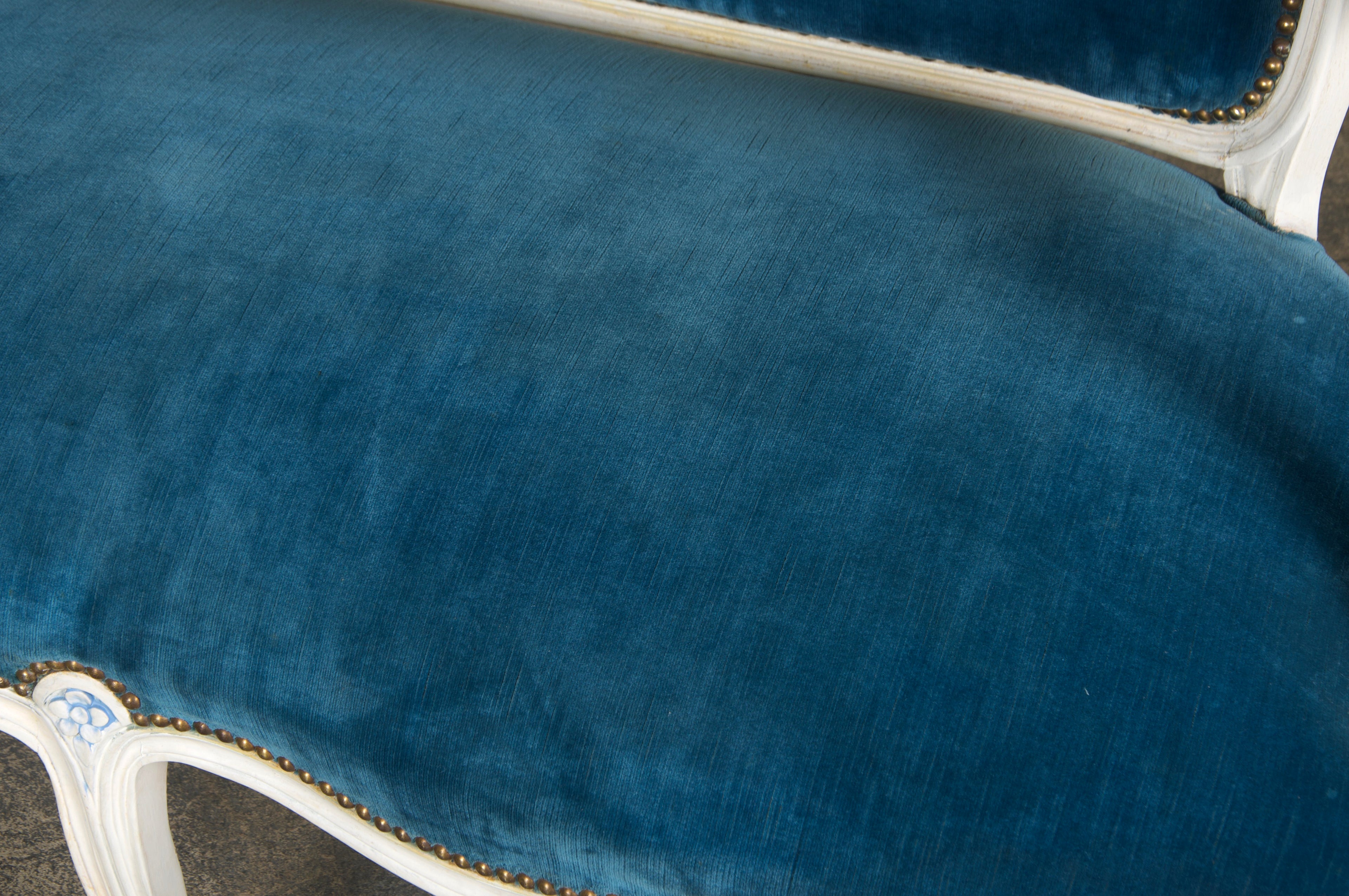 French Louis XV Style Painted Settee in Blue Velvet