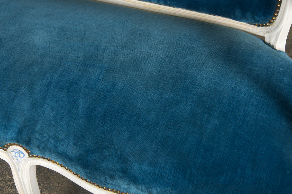 French Louis XV Style Painted Settee in Blue Velvet