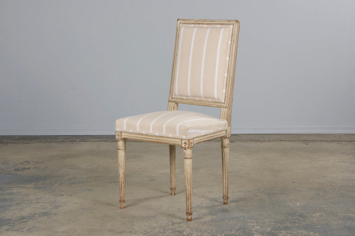 19th Century French Louis XVI Style Square Back Painted Dining Chairs W/ Off-White Stripe - Set of 4