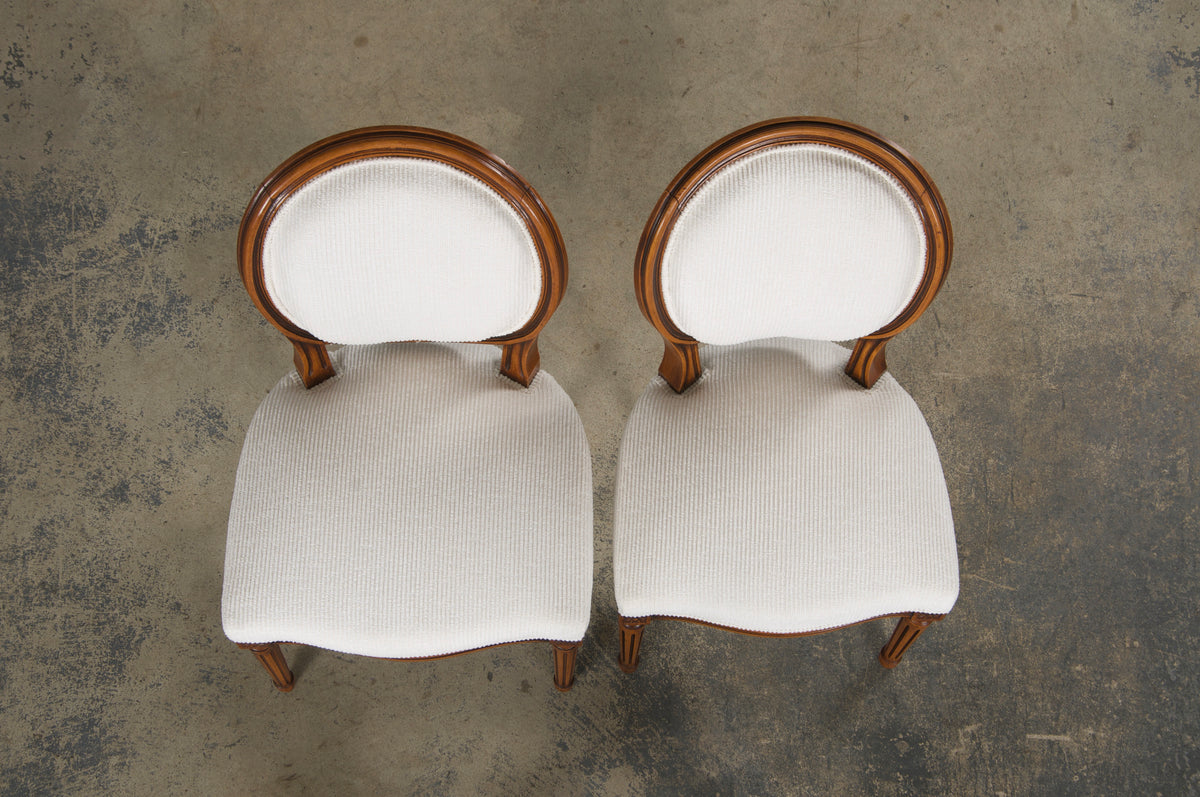French Louis XVI Style Maple Dining Chairs in White Chenille - Set of 6