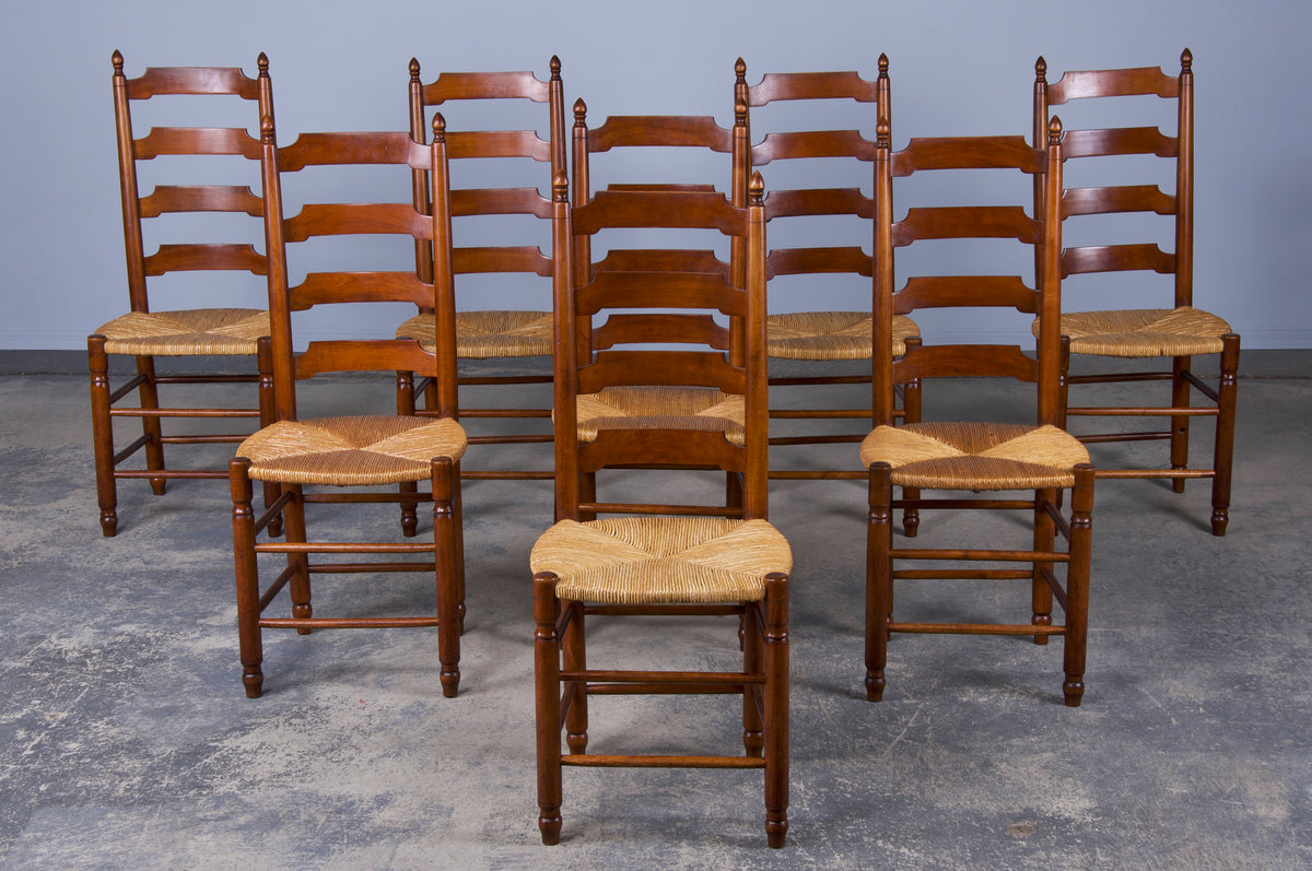 Country French Provincial Ladder Back Maple Dining Chairs W/ Rush Seats - Set of 8