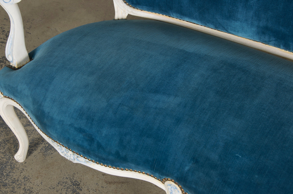 French Louis XV Style Painted Settee in Blue Velvet