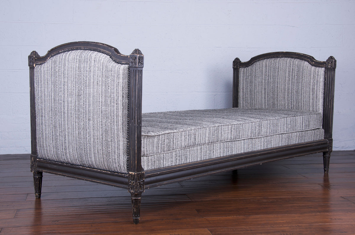 Antique French Louis XVI Style Painted in Black Daybed W/ Tweed Fabric