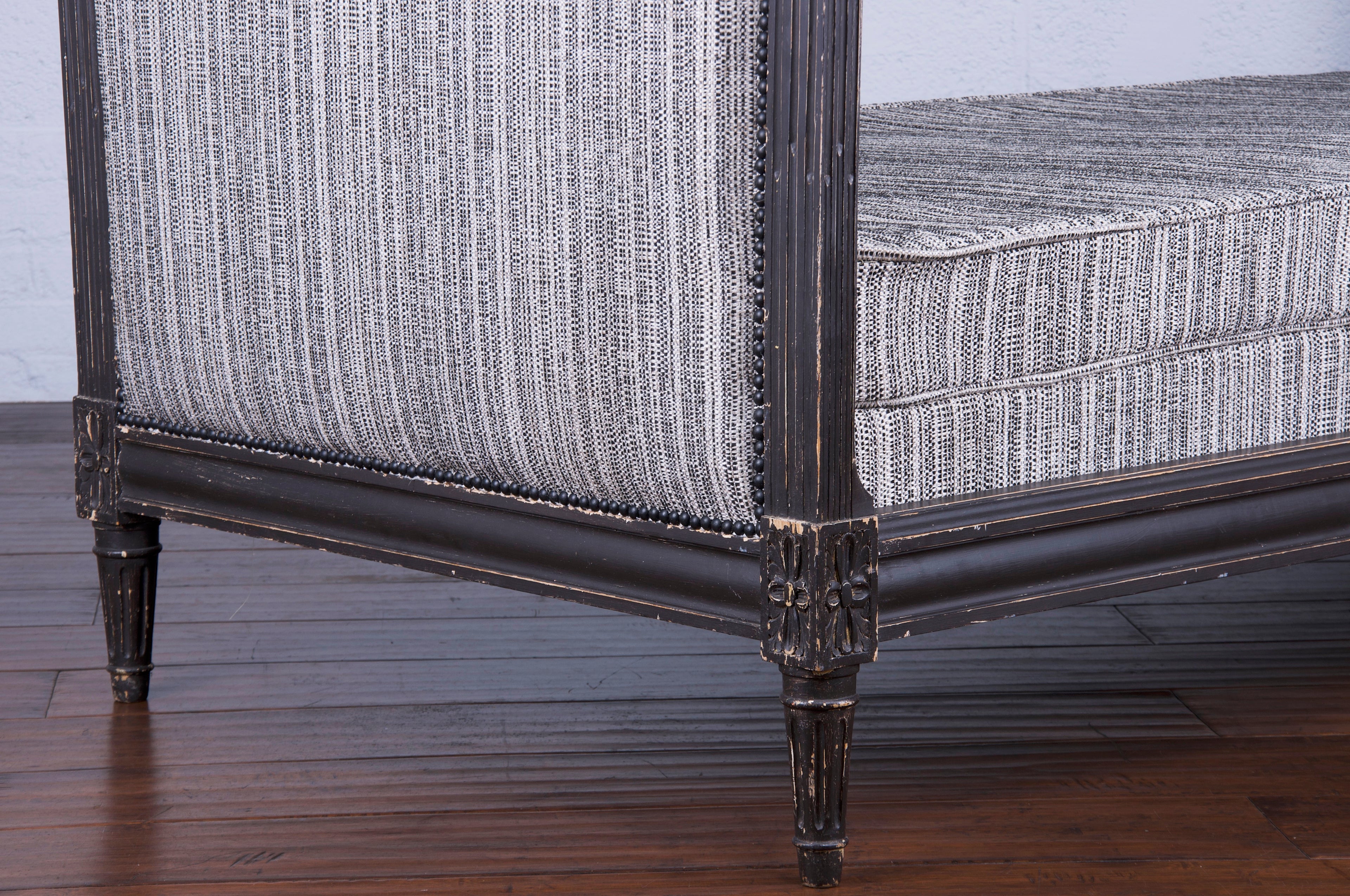 Antique French Louis XVI Style Painted in Black Daybed W/ Tweed Fabric