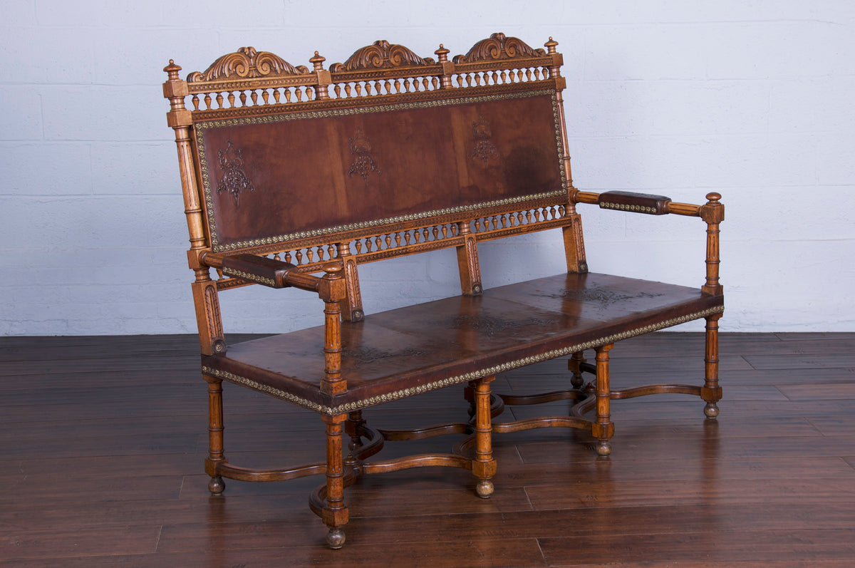 Early 19th Century French Renaissance Henry II Walnut Bench W/ Brown Leather