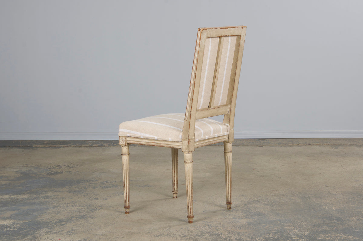 19th Century French Louis XVI Style Square Back Painted Dining Chairs W/ Off-White Stripe - Set of 4