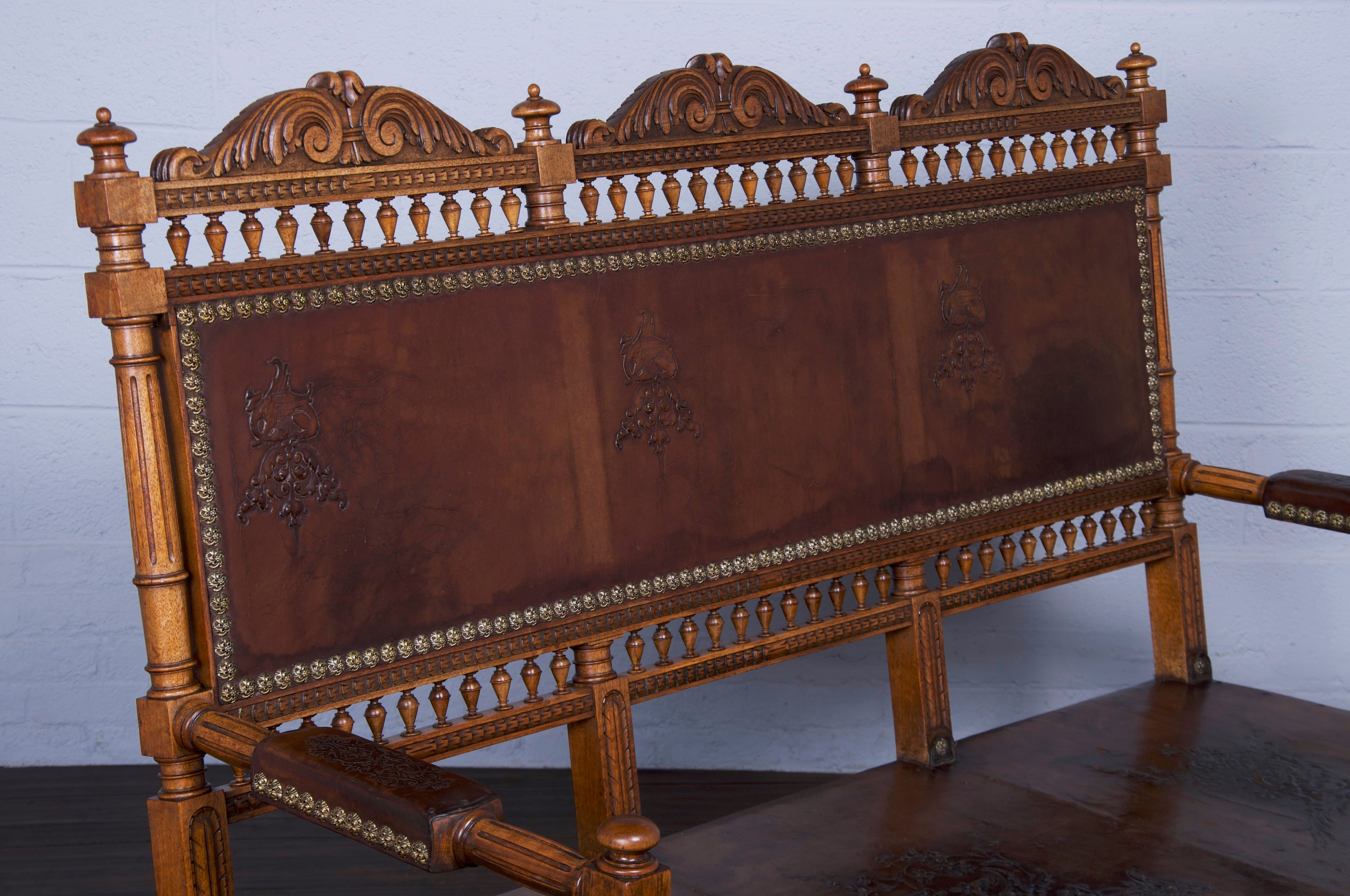 Early 19th Century French Renaissance Henry II Walnut Bench W/ Brown Leather