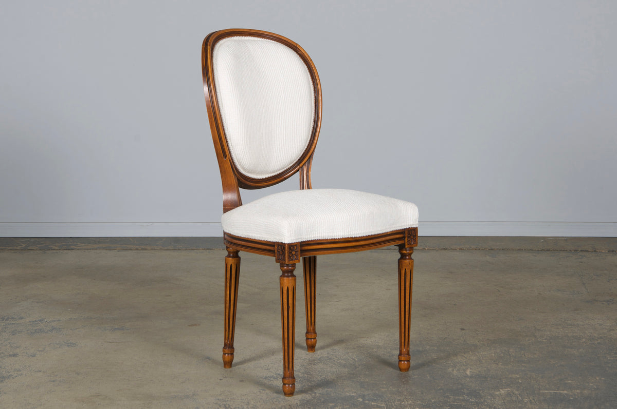 French Louis XVI Style Maple Dining Chairs in White Chenille - Set of 6