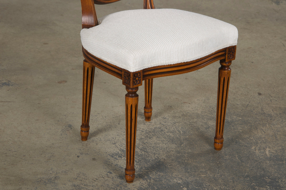 French Louis XVI Style Maple Dining Chairs in White Chenille - Set of 6