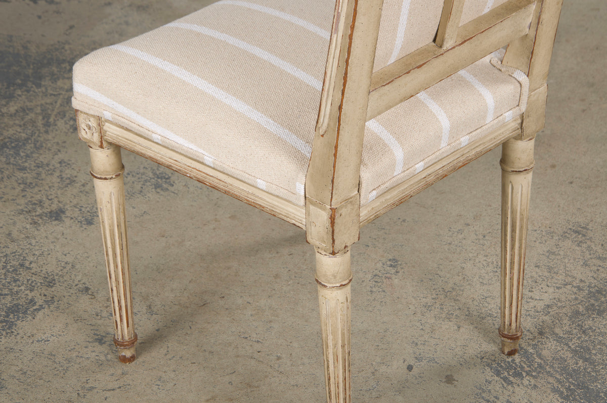 19th Century French Louis XVI Style Square Back Painted Dining Chairs W/ Off-White Stripe - Set of 4