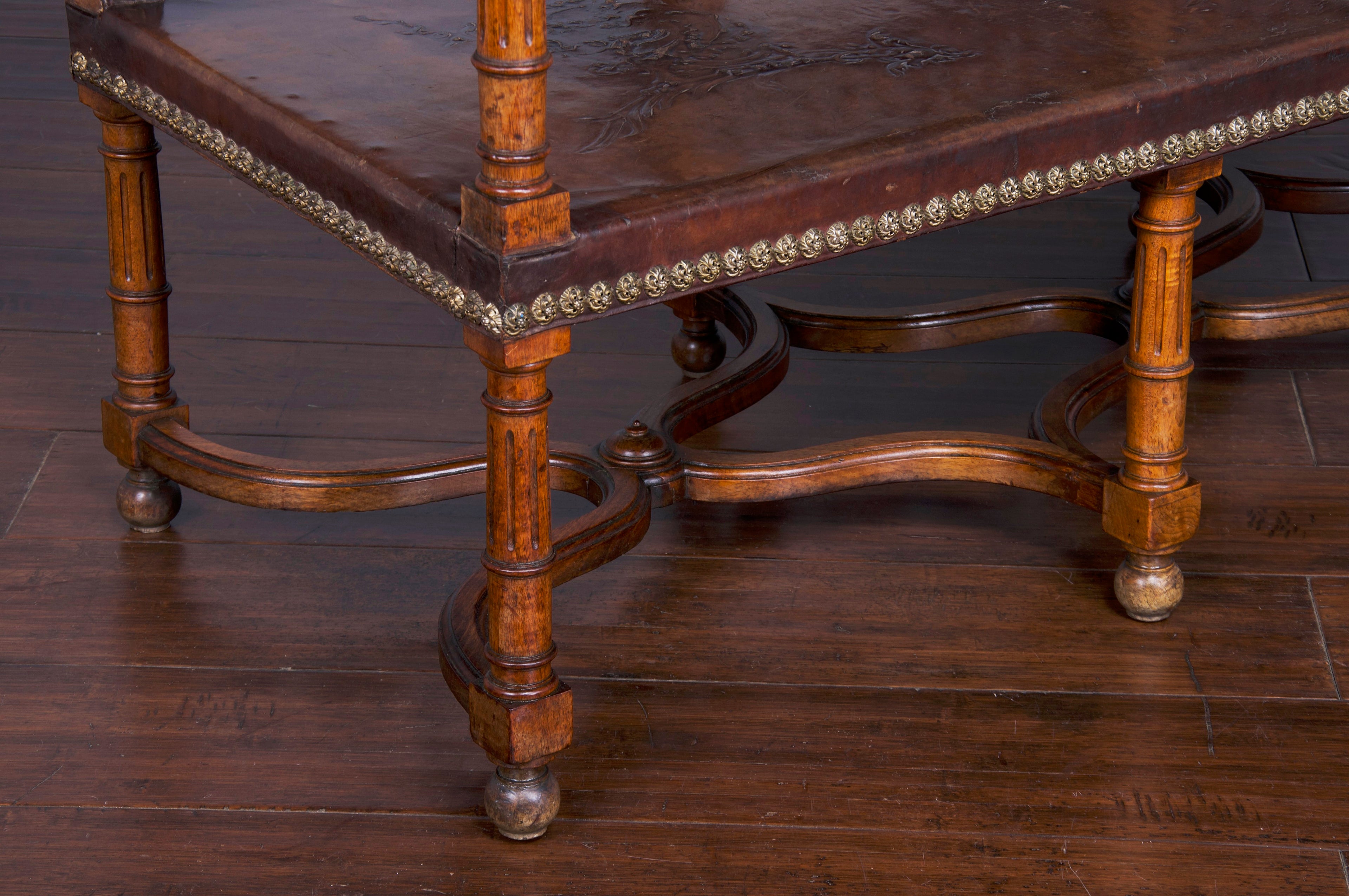Early 19th Century French Renaissance Henry II Walnut Bench W/ Brown Leather