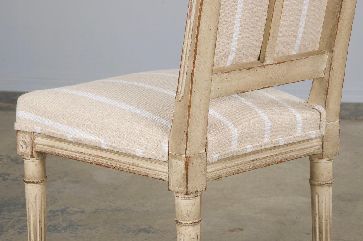 19th Century French Louis XVI Style Square Back Painted Dining Chairs W/ Off-White Stripe - Set of 4