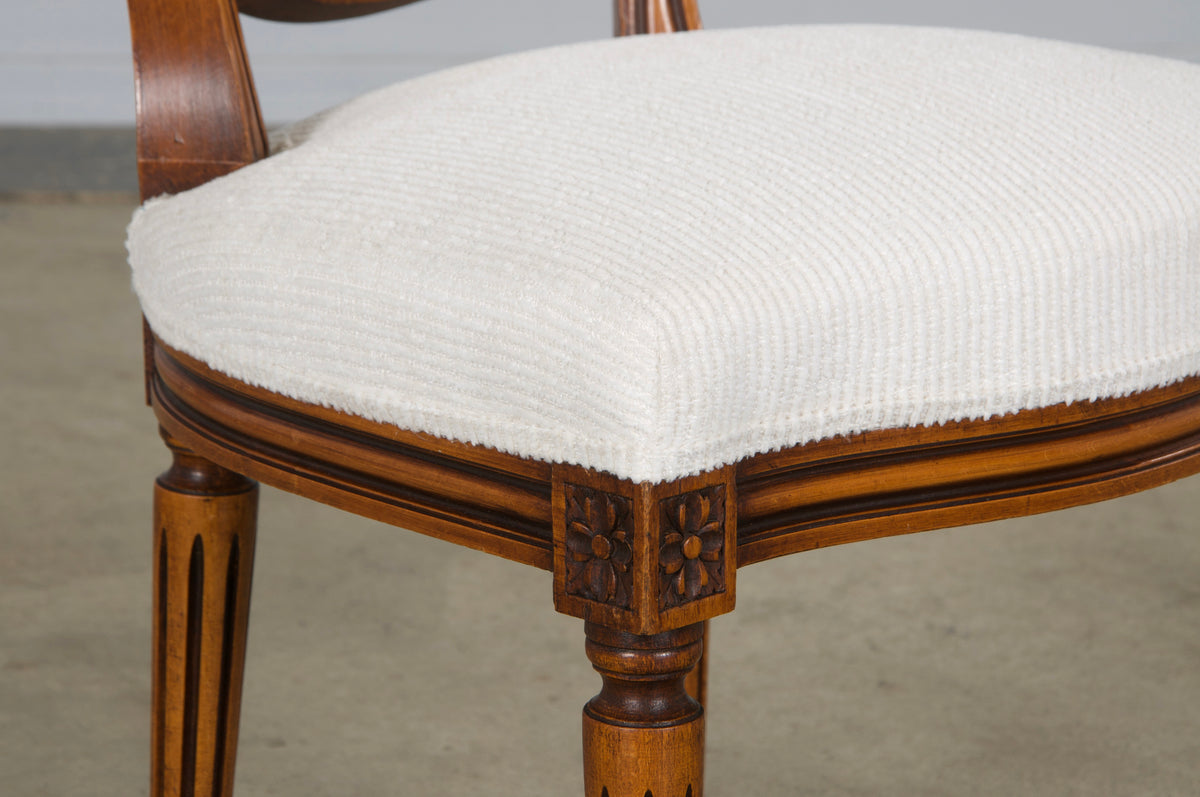 French Louis XVI Style Maple Dining Chairs in White Chenille - Set of 6