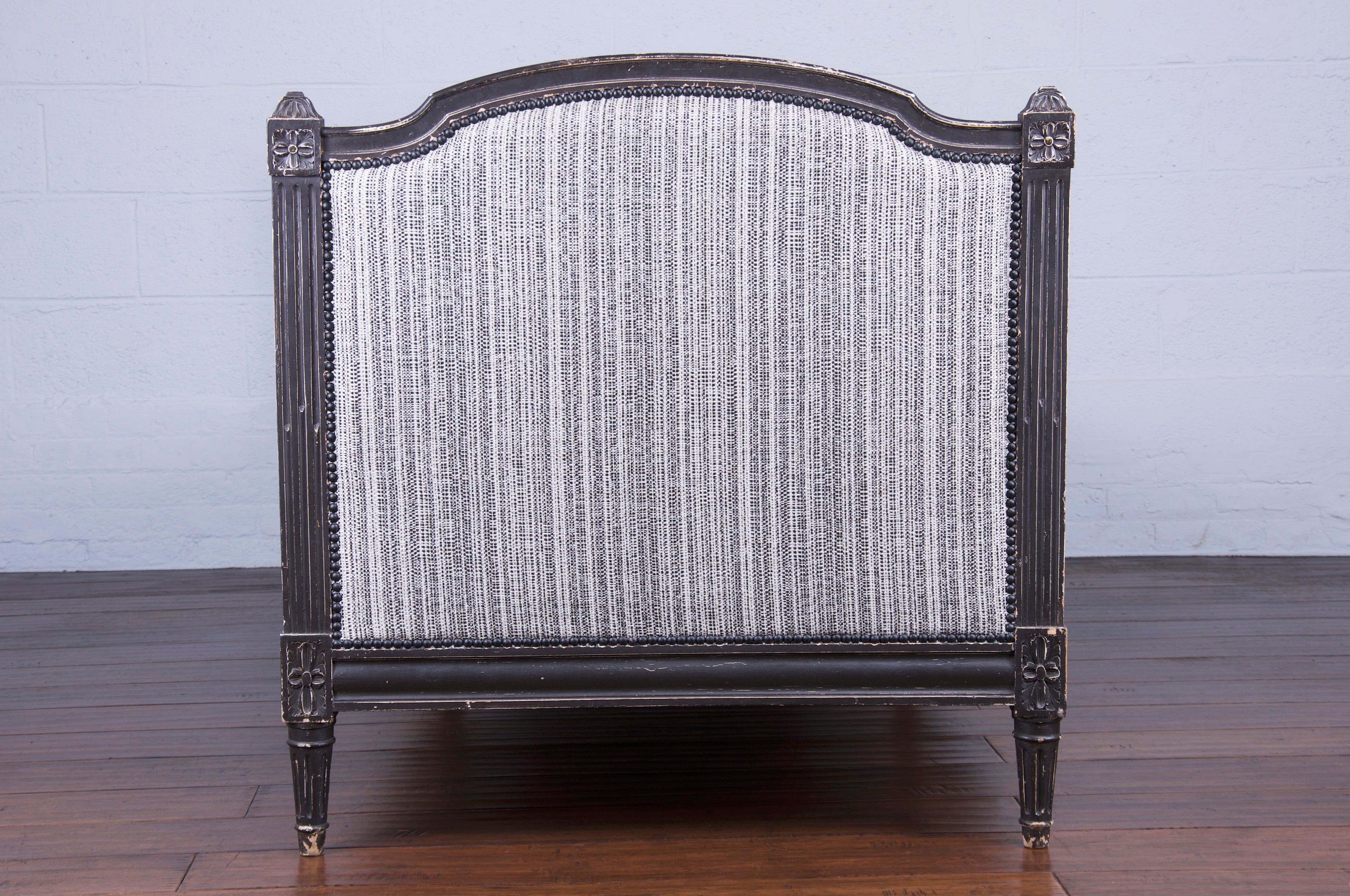Antique French Louis XVI Style Painted in Black Daybed W/ Tweed Fabric
