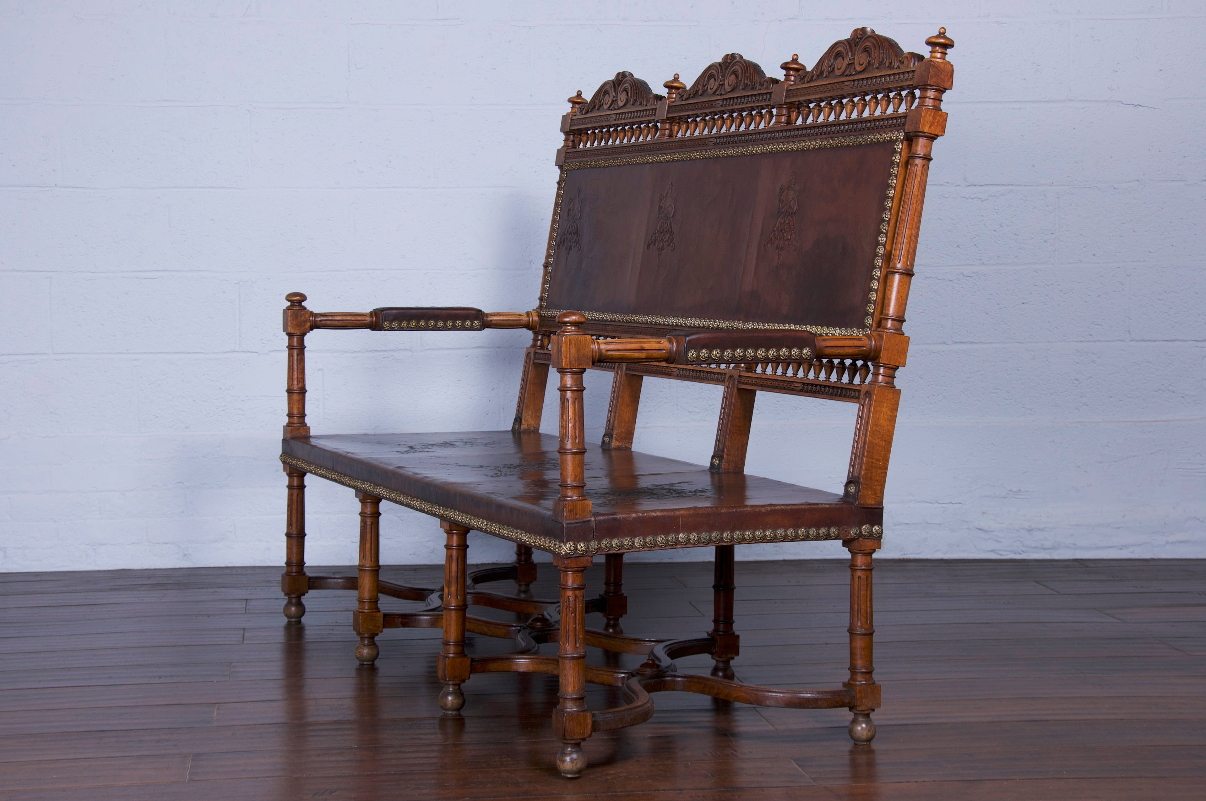 Early 19th Century French Renaissance Henry II Walnut Bench W/ Brown Leather