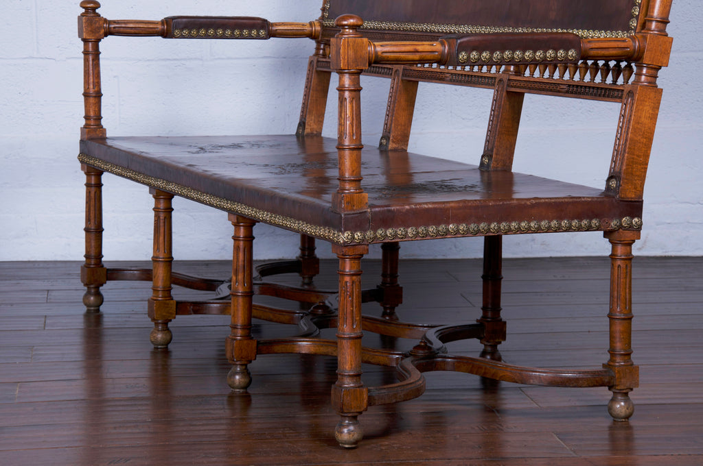 Early 19th Century French Renaissance Henry II Walnut Bench W/ Brown Leather