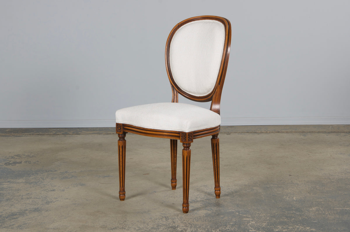 French Louis XVI Style Maple Dining Chairs in White Chenille - Set of 6