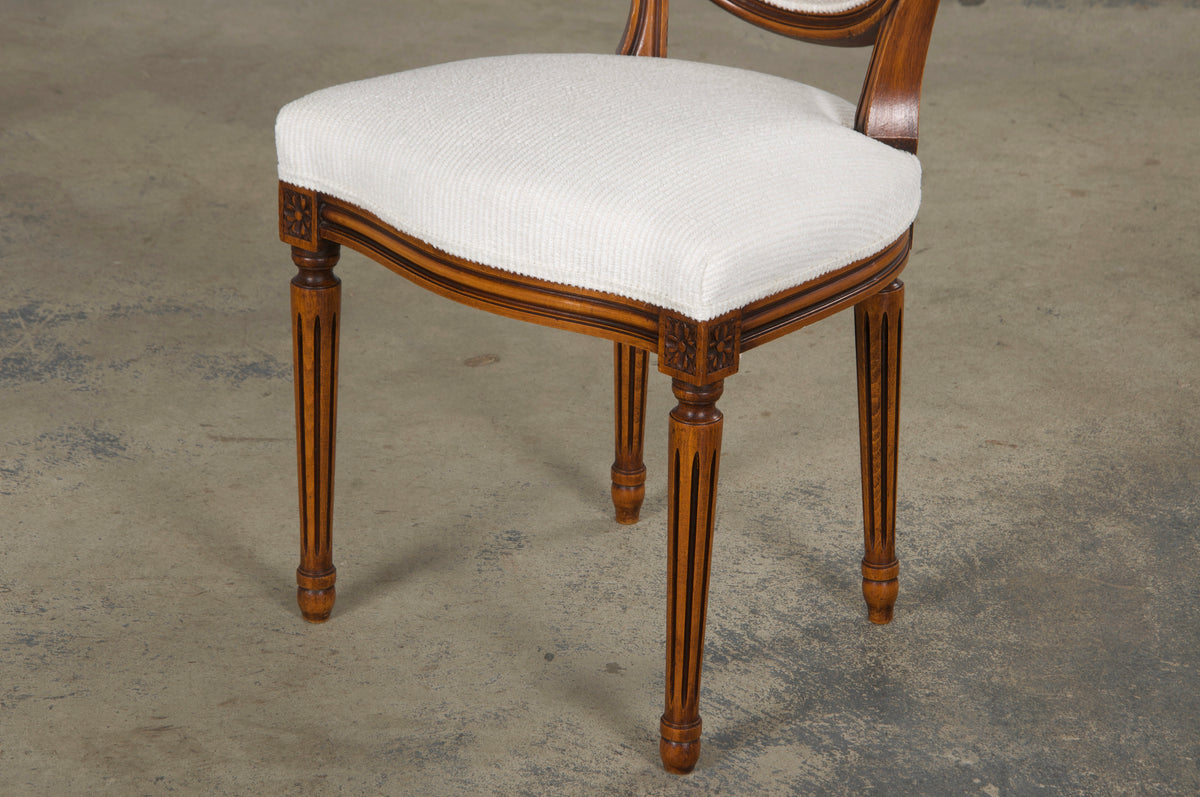 French Louis XVI Style Maple Dining Chairs in White Chenille - Set of 6