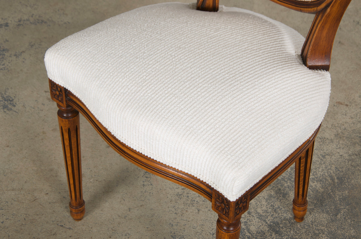 French Louis XVI Style Maple Dining Chairs in White Chenille - Set of 6