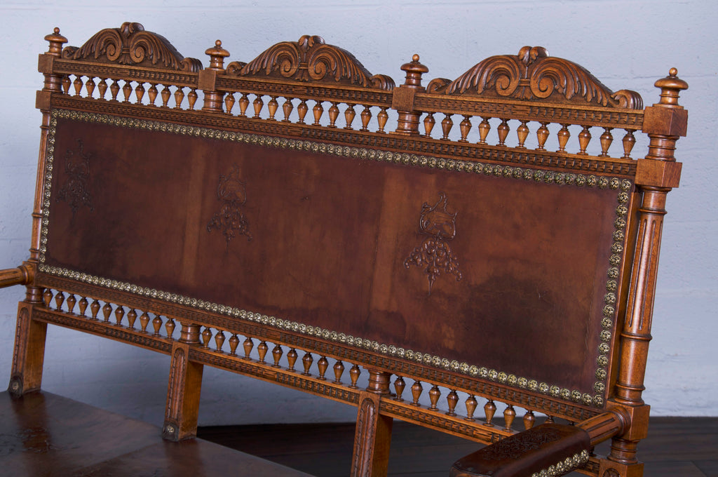 Early 19th Century French Renaissance Henry II Walnut Bench W/ Brown Leather