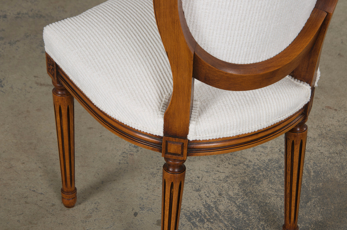 French Louis XVI Style Maple Dining Chairs in White Chenille - Set of 6