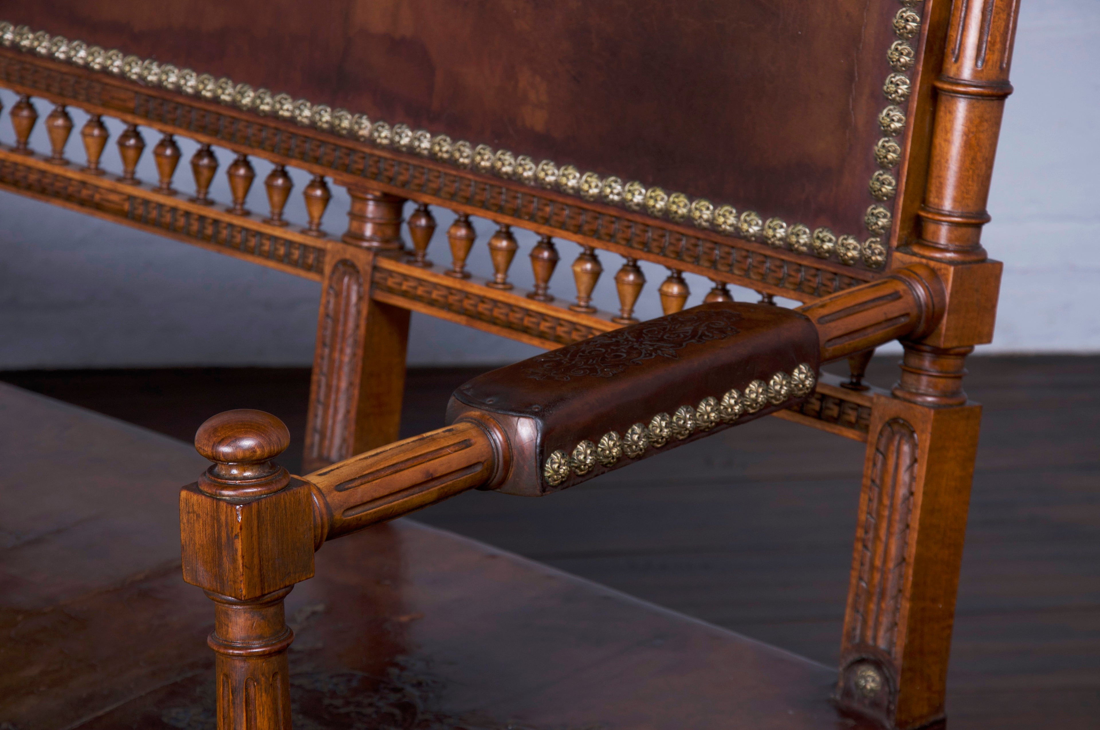 Early 19th Century French Renaissance Henry II Walnut Bench W/ Brown Leather