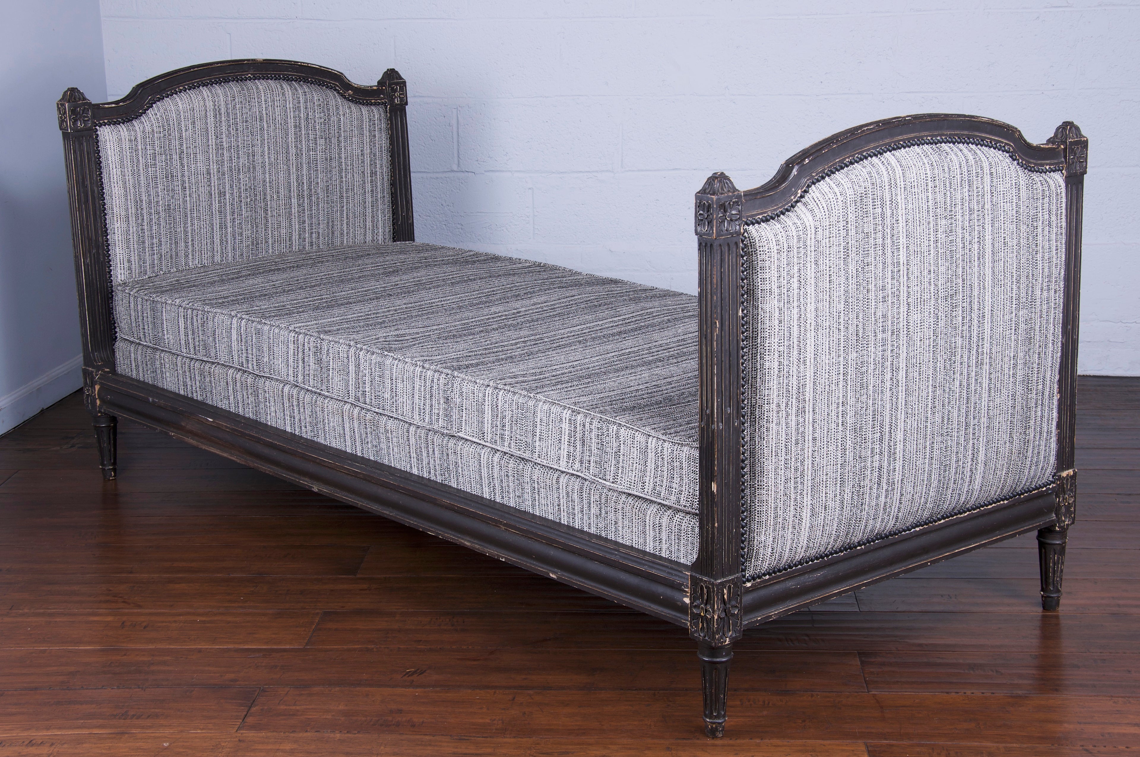 Antique French Louis XVI Style Painted in Black Daybed W/ Tweed Fabric