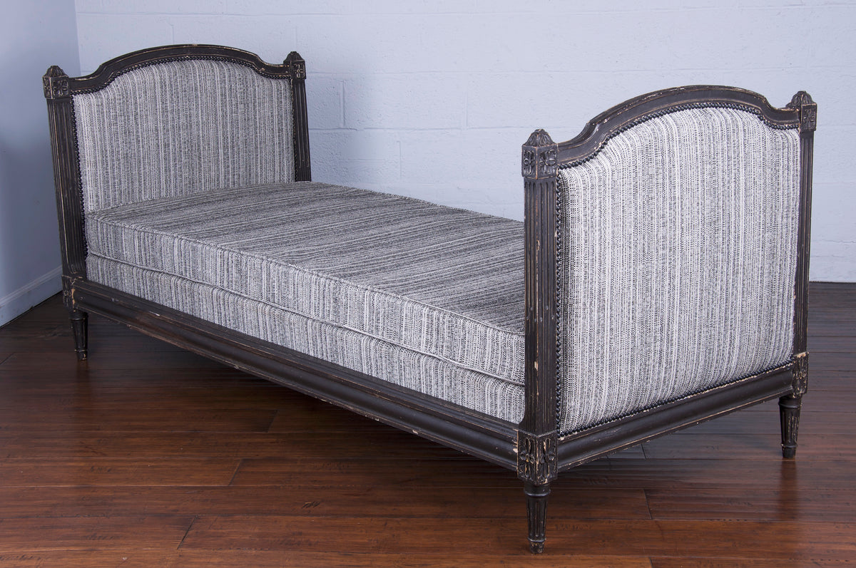 Antique French Louis XVI Style Painted in Black Daybed W/ Tweed Fabric