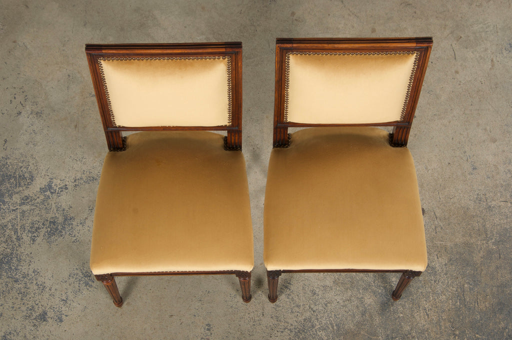 Antique French Louis XVI Style Maple Square Back Side Chairs in Golden Yellow Velvet - A Pair