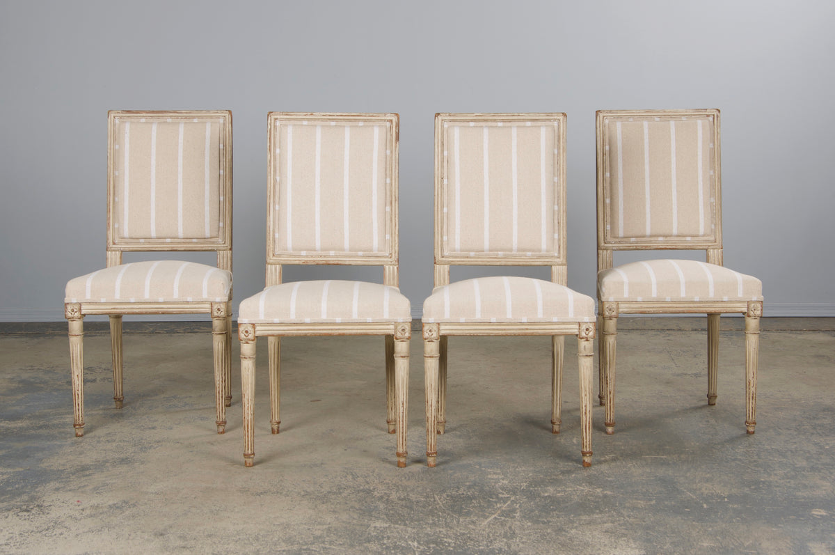 19th Century French Louis XVI Style Square Back Painted Dining Chairs W/ Off-White Stripe - Set of 4