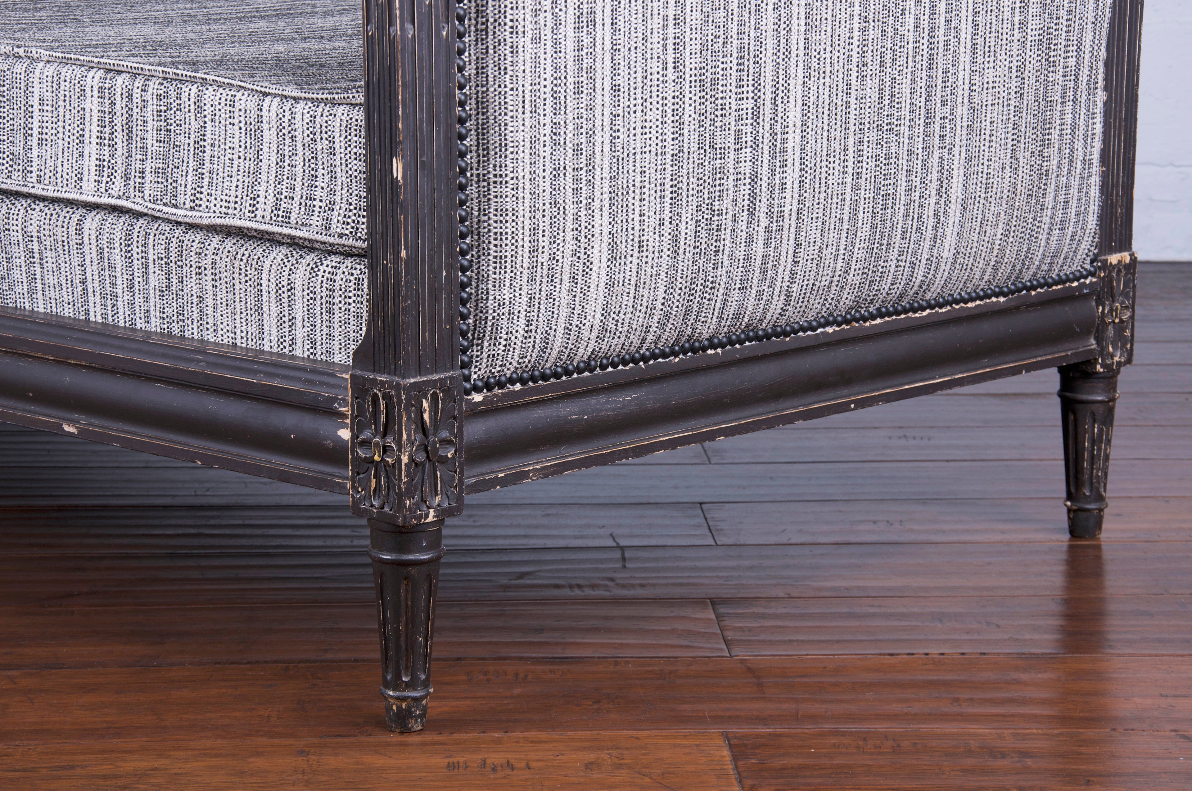 Antique French Louis XVI Style Painted in Black Daybed W/ Tweed Fabric