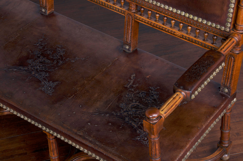 Early 19th Century French Renaissance Henry II Walnut Bench W/ Brown Leather