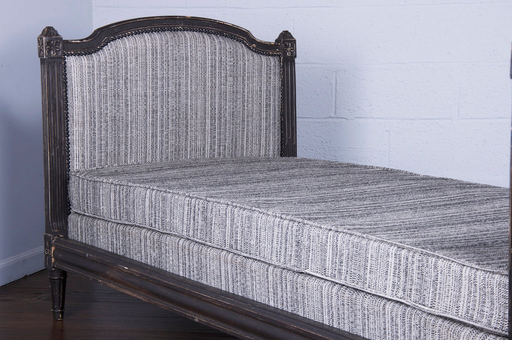 Antique French Louis XVI Style Painted in Black Daybed W/ Tweed Fabric