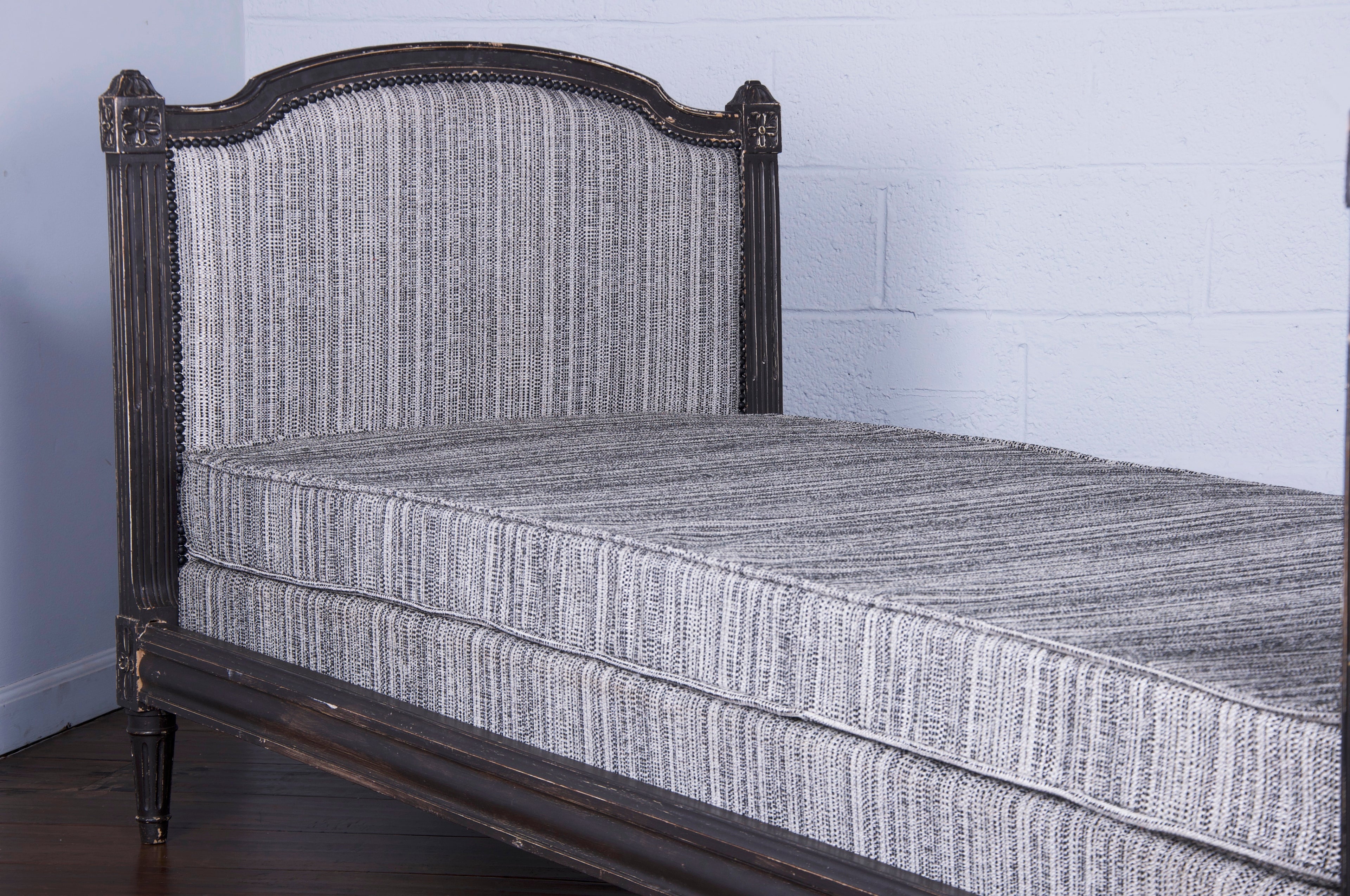 Antique French Louis XVI Style Painted in Black Daybed W/ Tweed Fabric