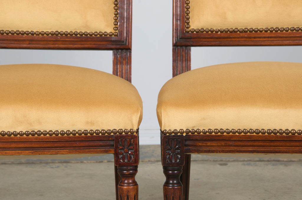 Antique French Louis XVI Style Maple Square Back Side Chairs in Golden Yellow Velvet - A Pair