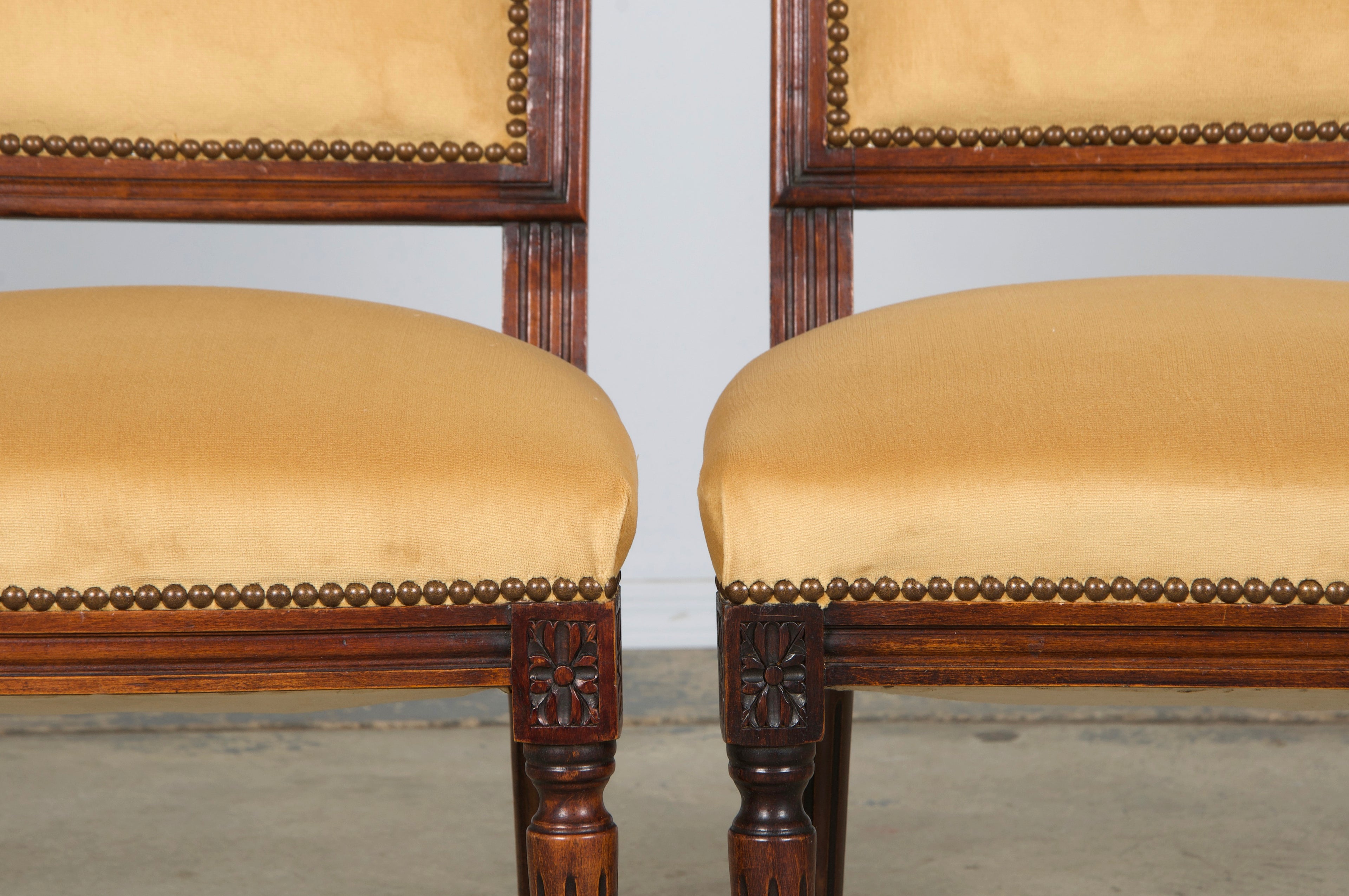 Antique French Louis XVI Style Maple Square Back Side Chairs in Golden Yellow Velvet - A Pair