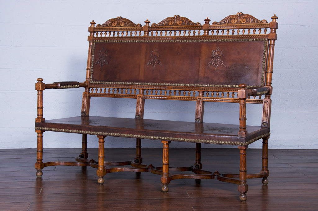 Early 19th Century French Renaissance Henry II Walnut Bench W/ Brown Leather