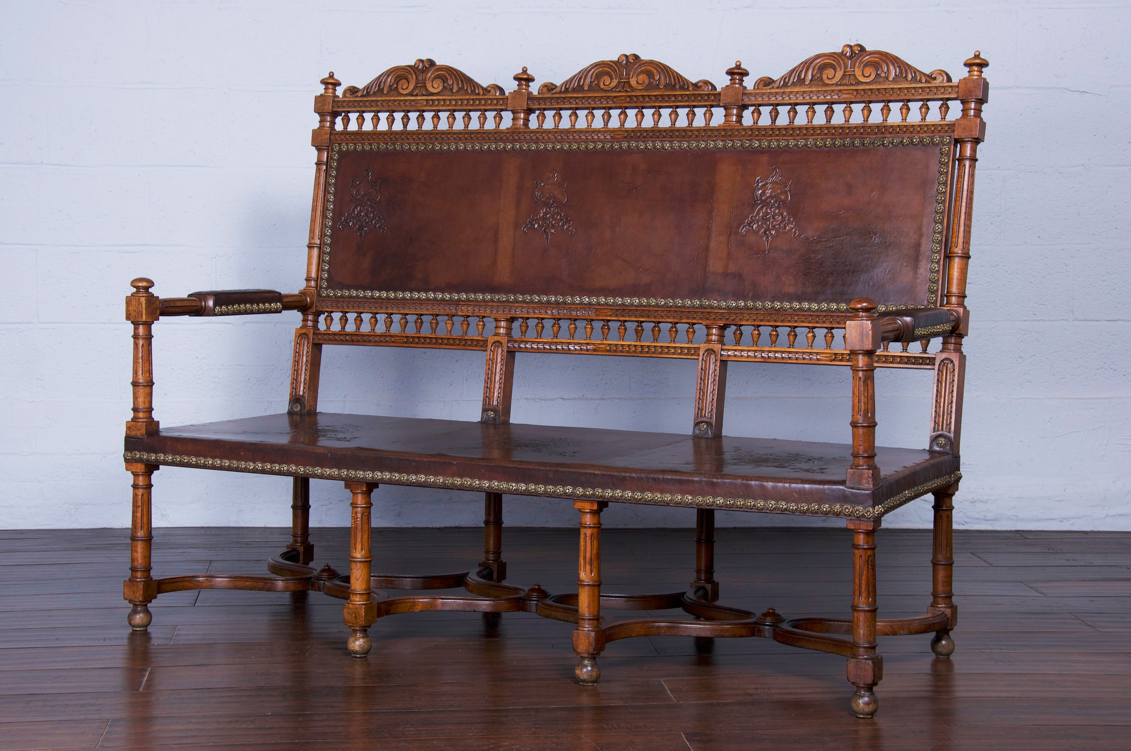 Early 19th Century French Renaissance Henry II Walnut Bench W/ Brown Leather