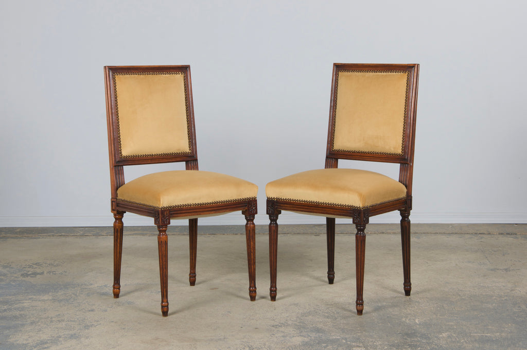 Antique French Louis XVI Style Maple Square Back Side Chairs in Golden Yellow Velvet - A Pair
