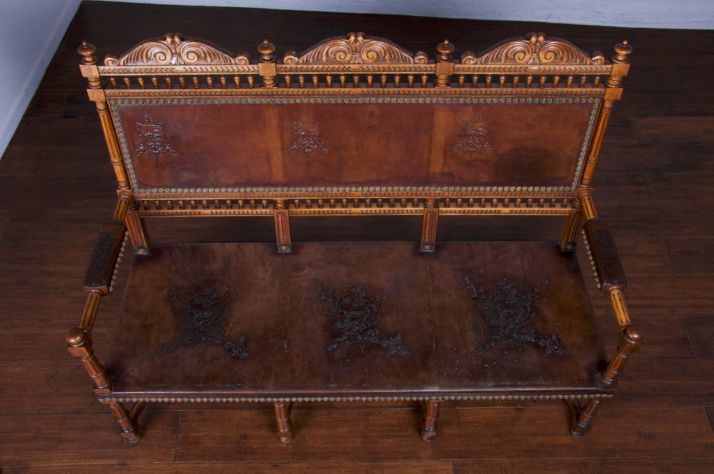 Early 19th Century French Renaissance Henry II Walnut Bench W/ Brown Leather
