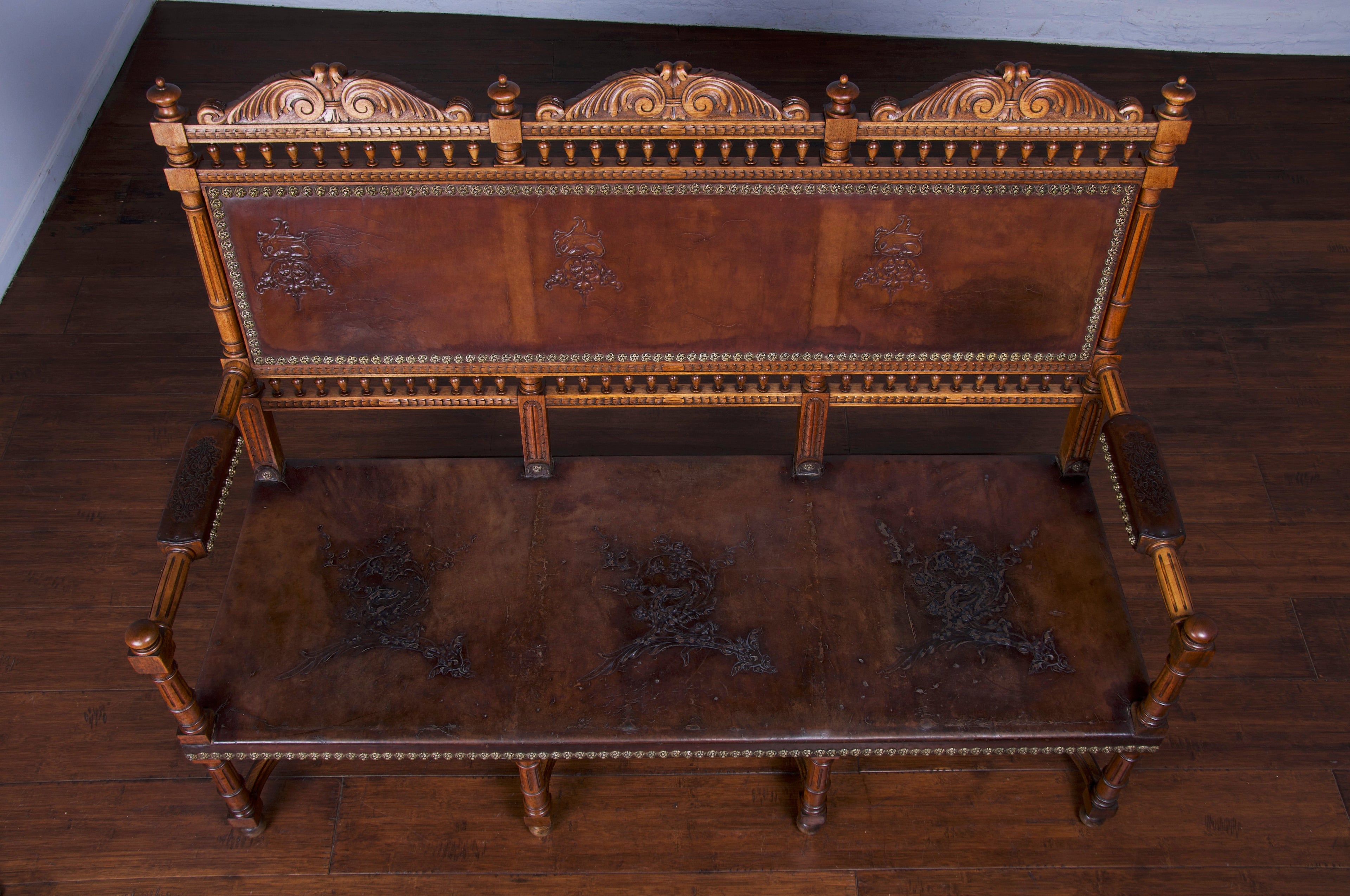 Early 19th Century French Renaissance Henry II Walnut Bench W/ Brown Leather