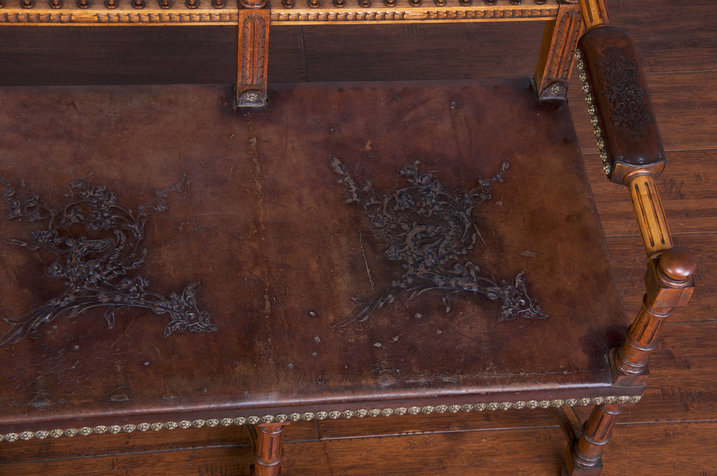 Early 19th Century French Renaissance Henry II Walnut Bench W/ Brown Leather