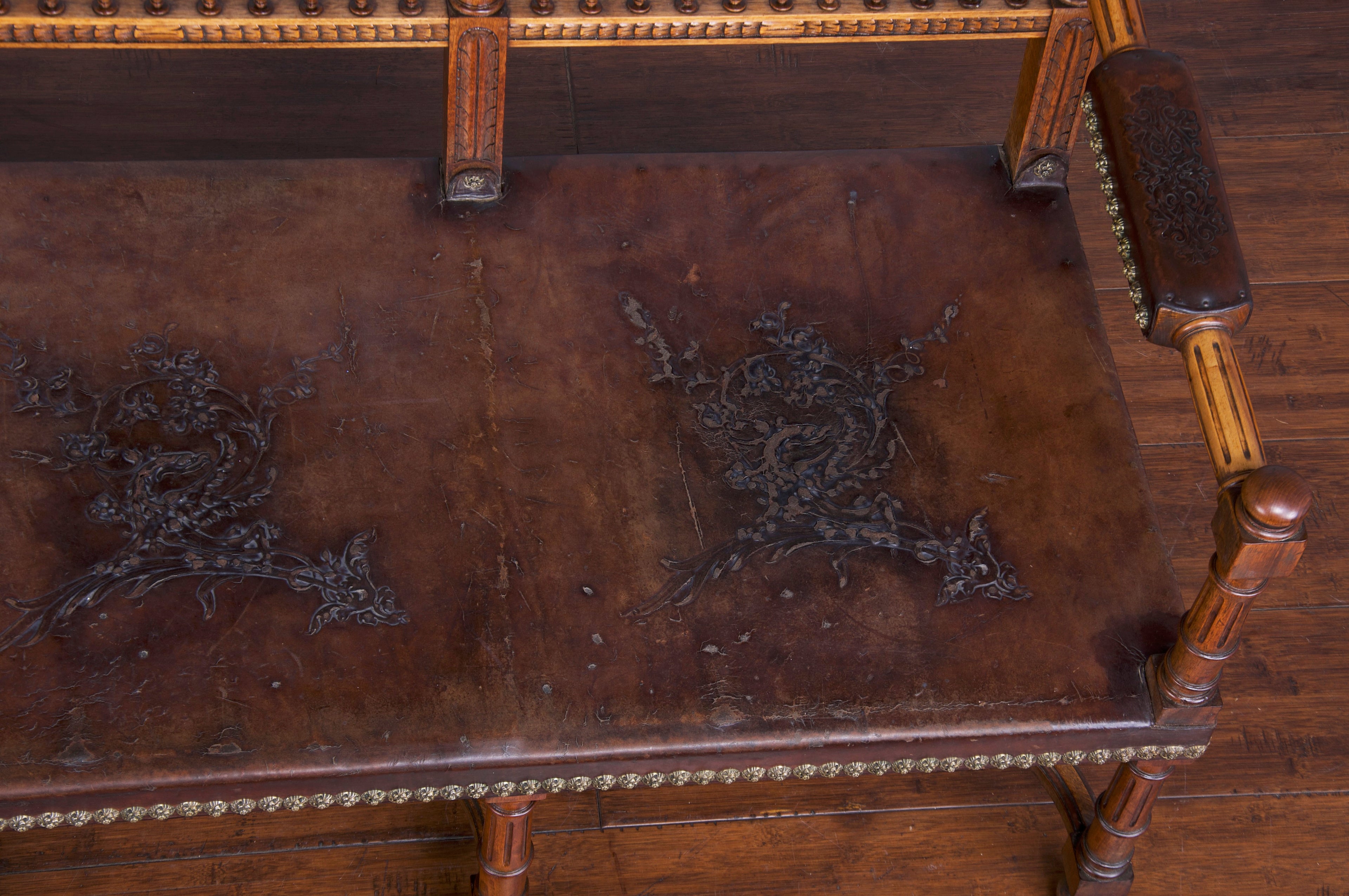 Early 19th Century French Renaissance Henry II Walnut Bench W/ Brown Leather