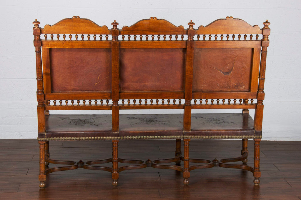 Early 19th Century French Renaissance Henry II Walnut Bench W/ Brown Leather